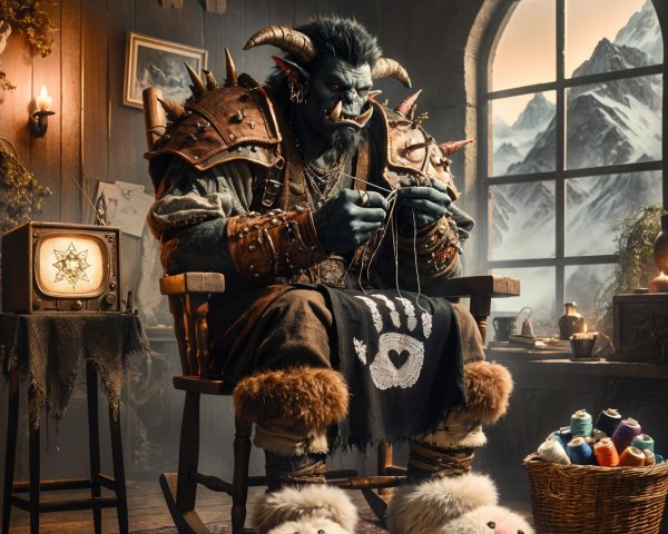 Horned Creature Knitting in Cozy Rustic Setting