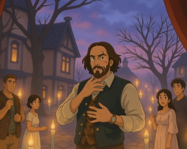 Twilight Scene with Individuals in Quaint Village Setting