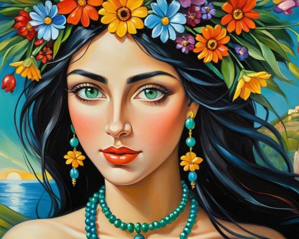 Portrait of a Young Woman with Floral Crown and Jewelry