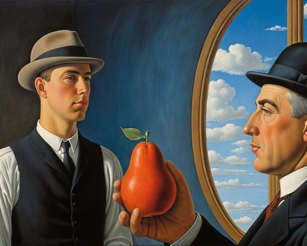 Surreal Painting of Two Men with Pear and Sky Background