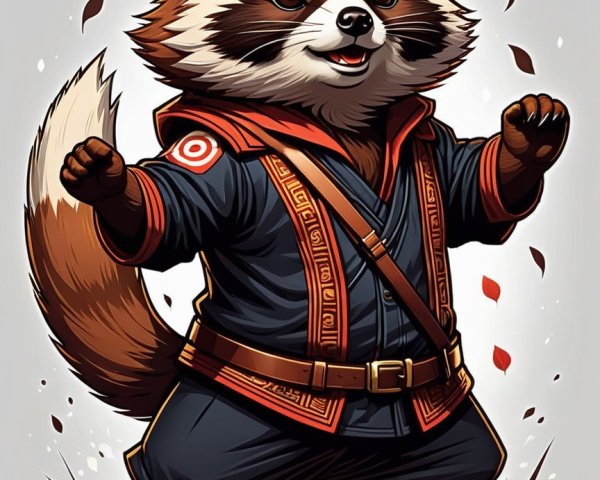 Cheerful raccoon character in playful pose with leaves