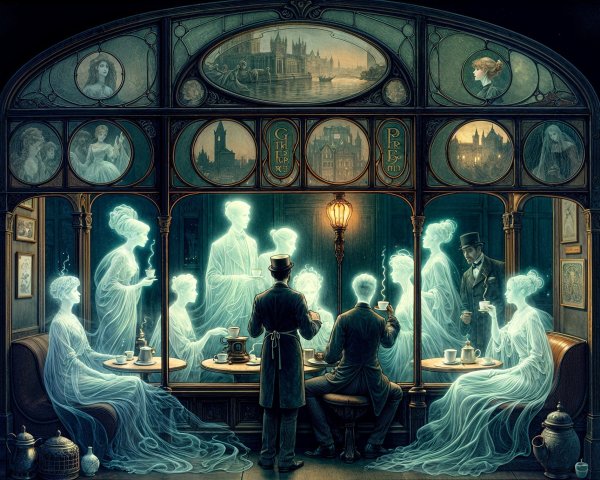 Victorian Café with Ghostly Figures and Historical Shadows