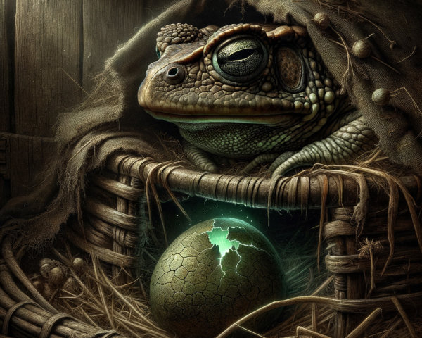 Wise Toad in Basket with Glowing Egg in Mysterious Setting