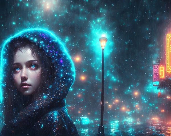 Neon Urban Night Scene with Young Girl and Raindrops