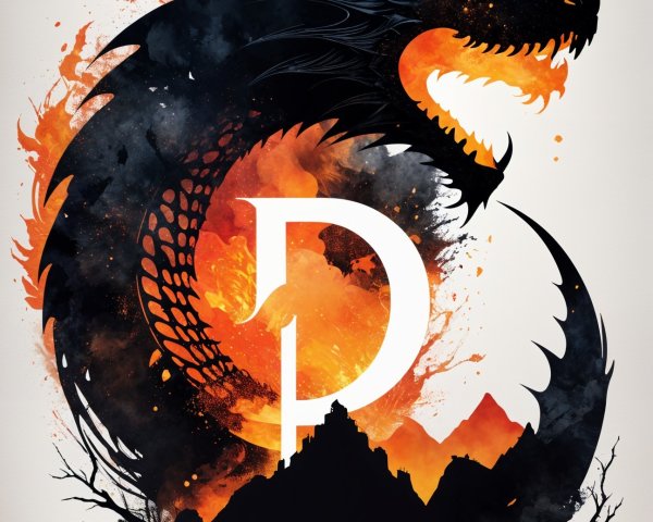 Dragon Silhouette with Flames and Bold Letter "P