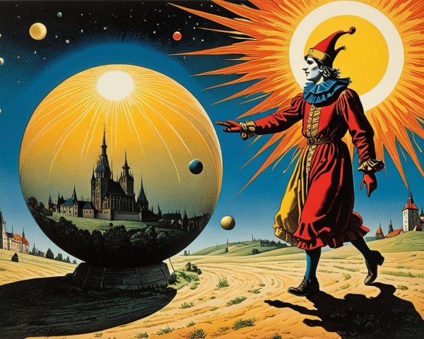 Whimsical Jester Approaching a Crystal Ball Landscape