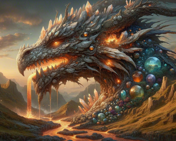 Dragon in Rugged Landscape with Fiery Eyes and Lava