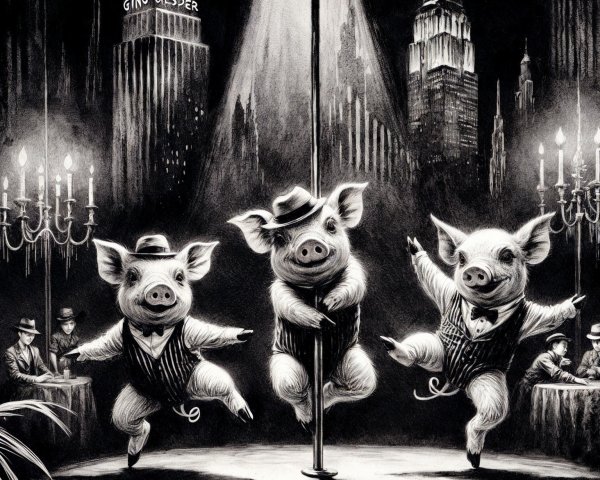 Cartoon Pigs Dance in Dapper Suits at Cabaret Scene