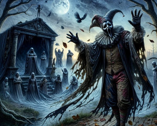 Sinister Clown on Dock with Eerie Mausoleum Background