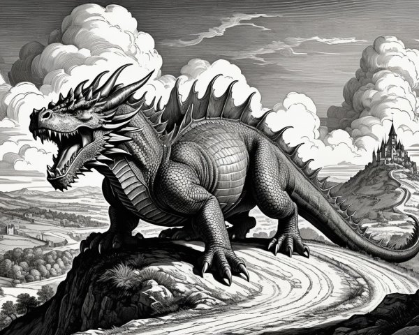 Majestic dragon on rocky outcrop with castle backdrop