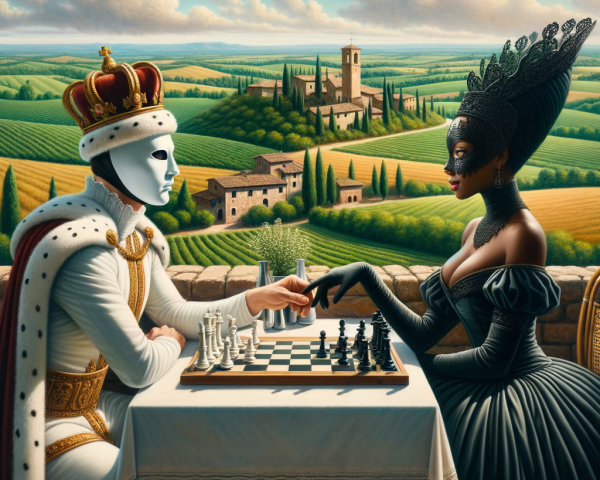 Surreal Chess Game Between Masked Figures in Landscape