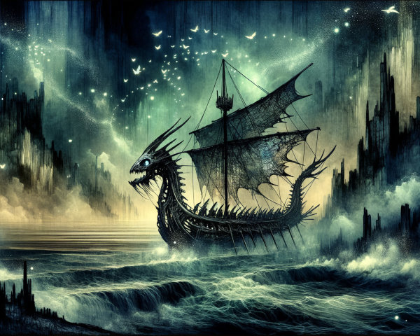 Mysterious Dragon-Shaped Ship in Turbulent Waters