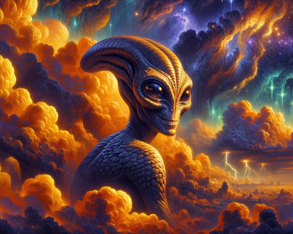 Alien Figure Surrounded by Cosmic Clouds and Stars