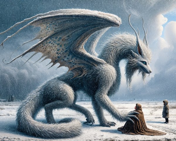 Mythical creature and woman in snowy landscape scene