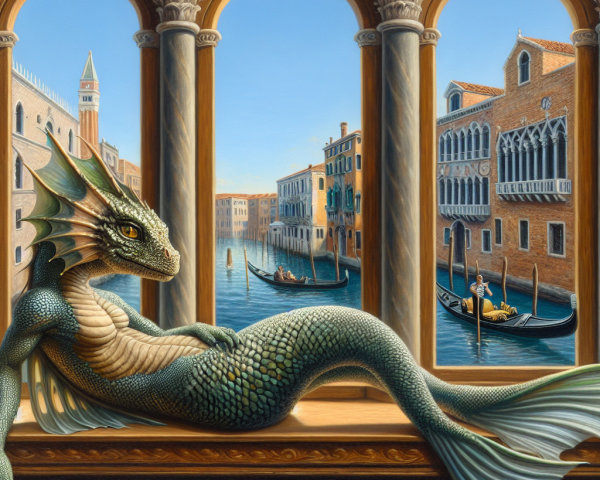 Dragon-like Creature by Venetian Canal in Dreamy Setting