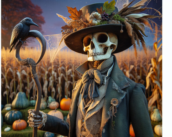 Skeleton Figure in Autumn Landscape with Corn and Pumpkins
