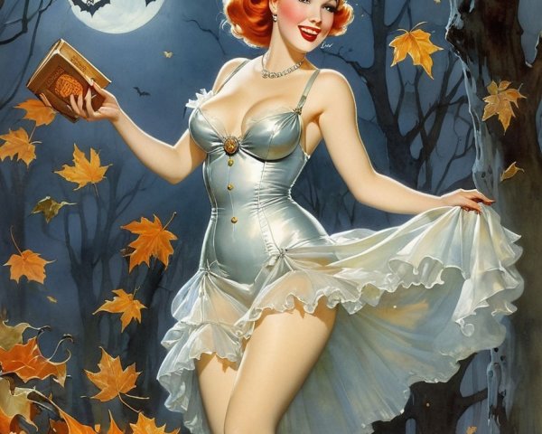 Glamorous Woman in Silver Dress Among Autumn Leaves