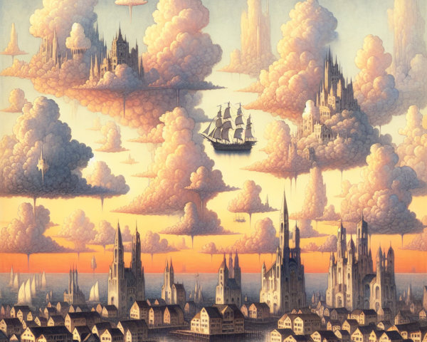 Surreal Floating City in Warm Dusk Landscape