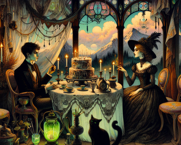 Victorian Couple at Elegant Table with Cake and Decor