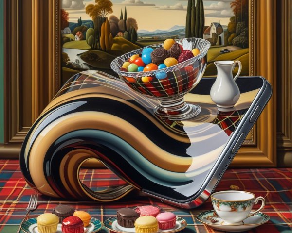 Surreal Smartphone and Candy Display in Landscape Setting