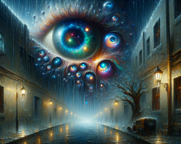Surreal Street Scene with Cosmic Eye and Rainy Sky