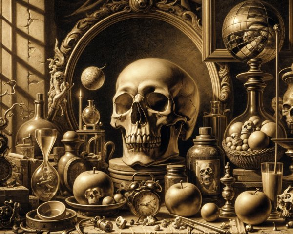 Still Life with Skull, Antique Bottles, and Hourglass
