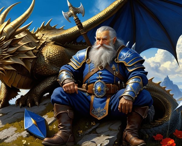 Regal Warrior and Golden Dragon in Epic Fantasy Setting