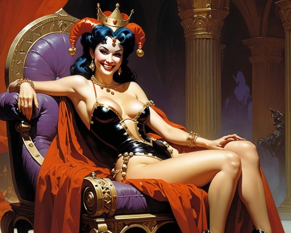 Confident Woman on Ornate Throne with Regal Attire