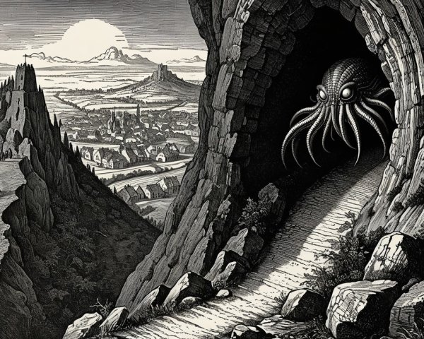Towering Creature at Cave Entrance Overlooks Village