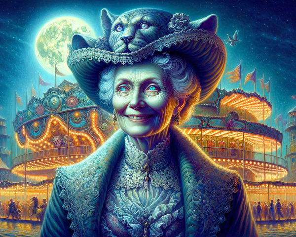 Elderly Woman with Cat Hat at Enchanted Carousel