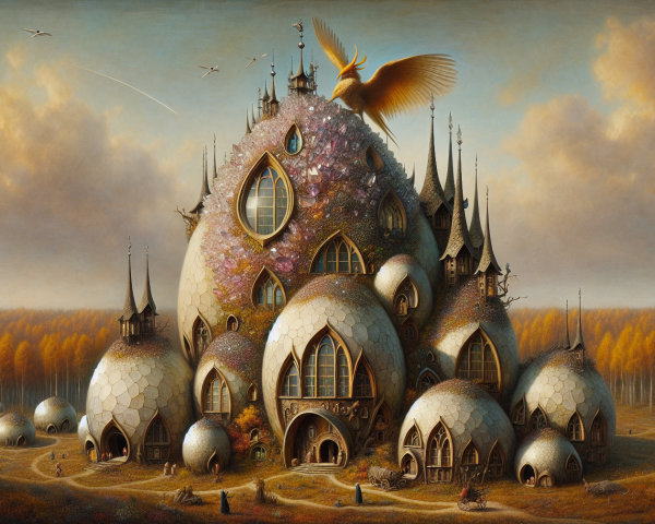 Fantastical castle with dome structures and phoenix