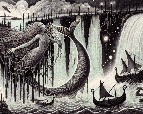 Monochromatic Mermaid Scene with Waterfalls and Lights