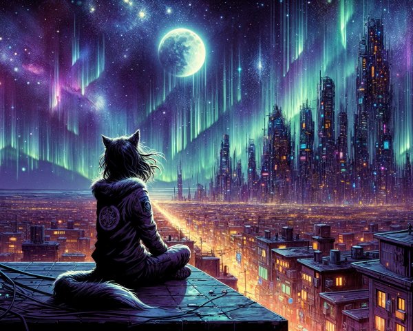 Lone Figure on Rooftop Overlooking Futuristic Cityscape