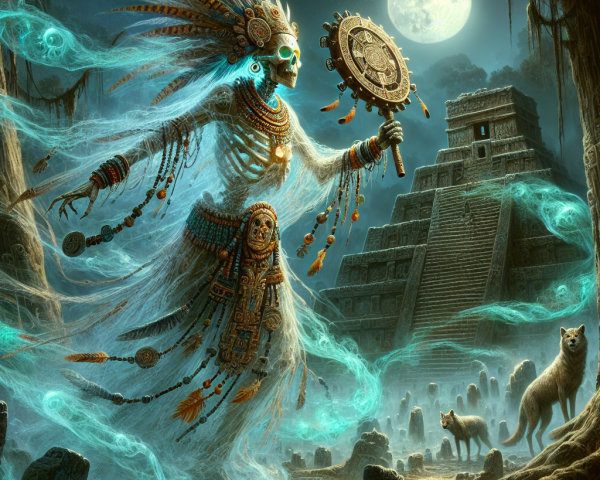 Spectral Figure at Mystical Temple in Moonlight