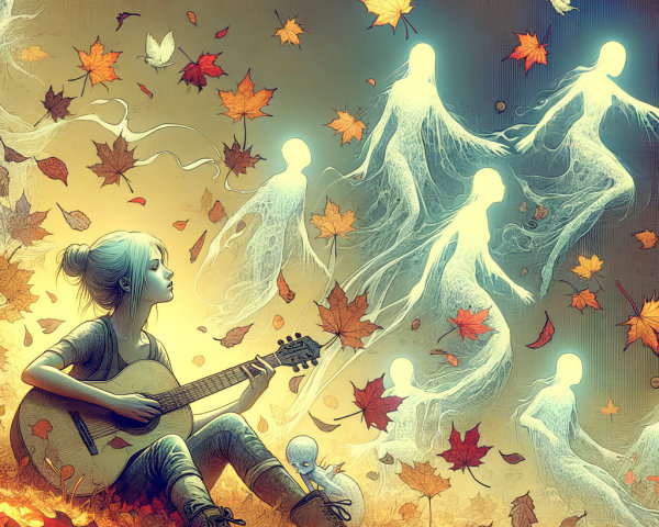 Girl Playing Guitar Among Autumn Leaves and Spirits