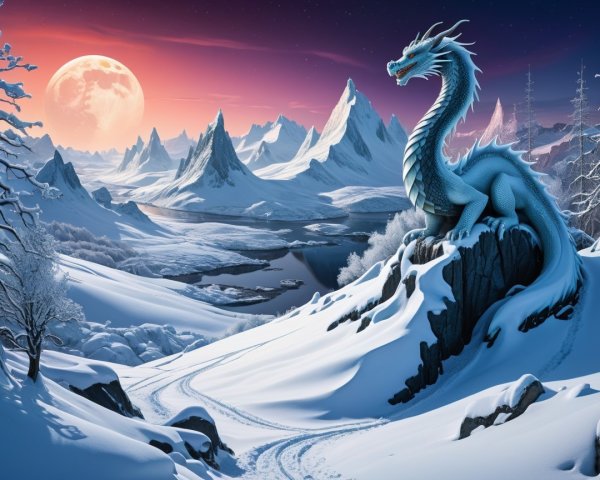 Blue Dragon Overlooks Snowy Valley Under Full Moon