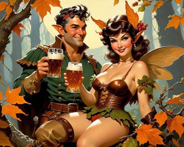 Elf and Fairy Celebrate in Vibrant Autumn Scene