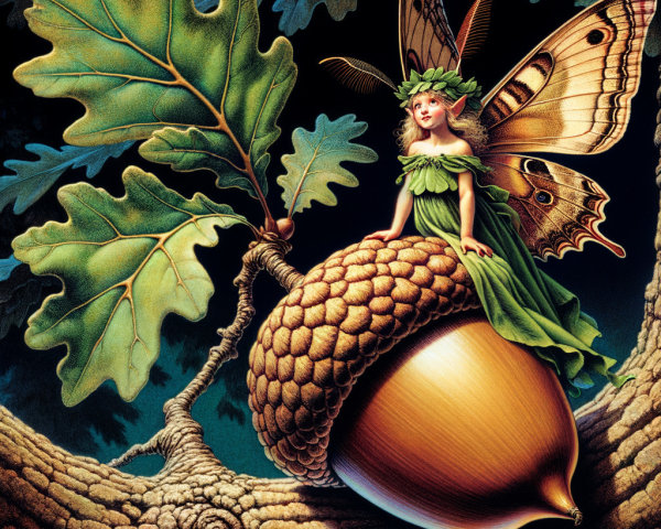 Young fairy on acorn branch in enchanting nature scene