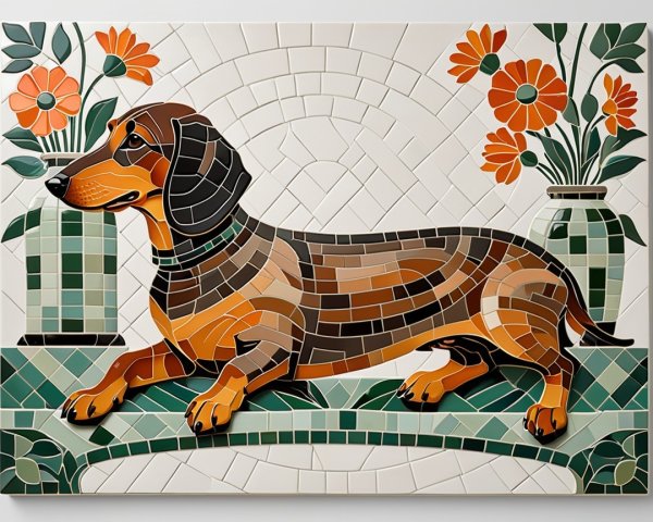 Vibrant Mosaic of a Dachshund with Floral Arrangements