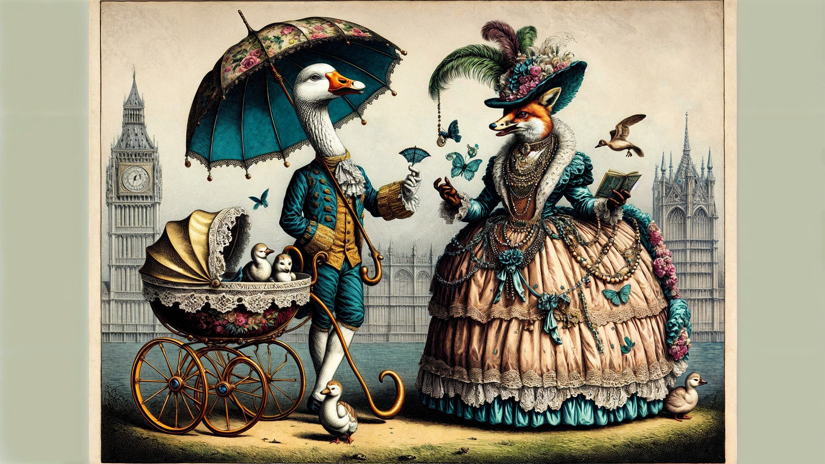 Whimsical Illustration of Goose and Fox at Big Ben