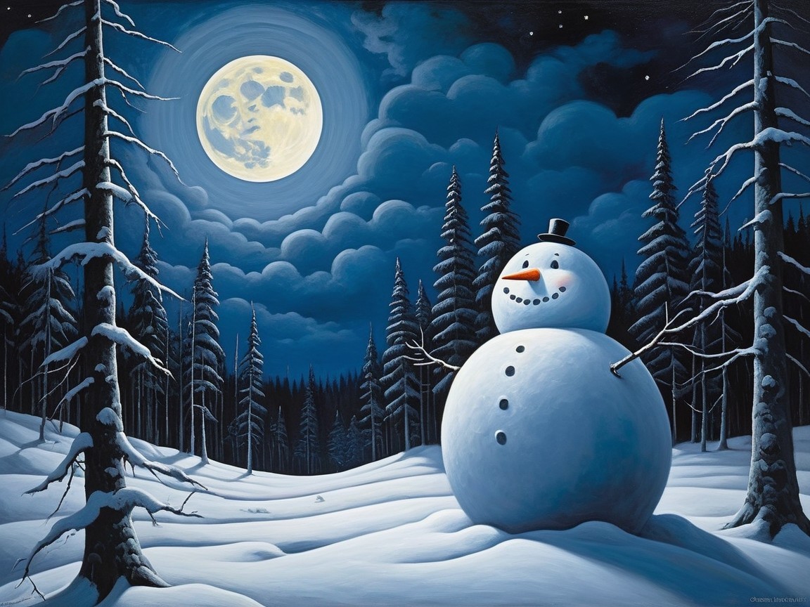 Winter Night Scene with Snowman and Pine Trees