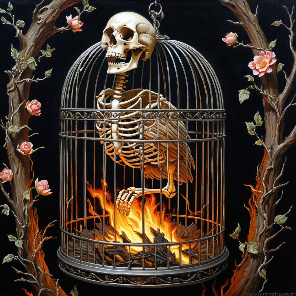 Skeletal Figure in Birdcage Surrounded by Roses