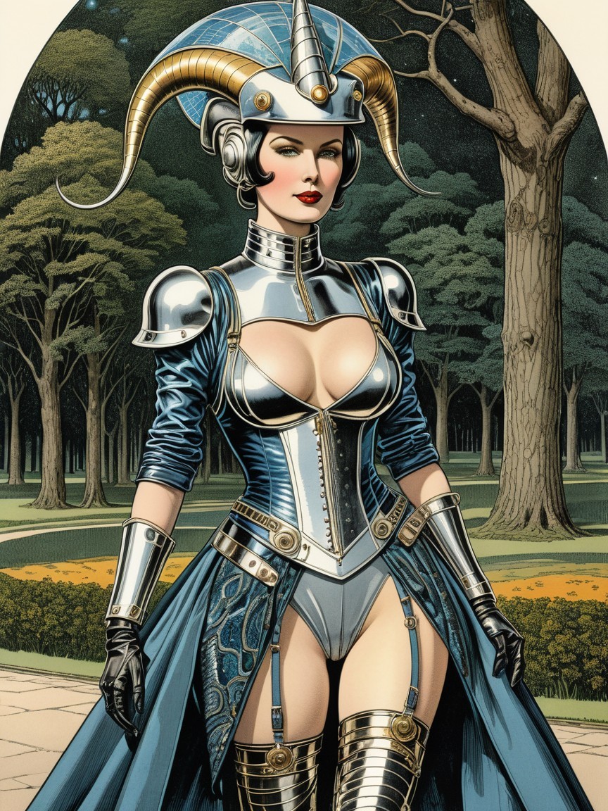 Futuristic Female Figure in Metallic Outfit and Helmet