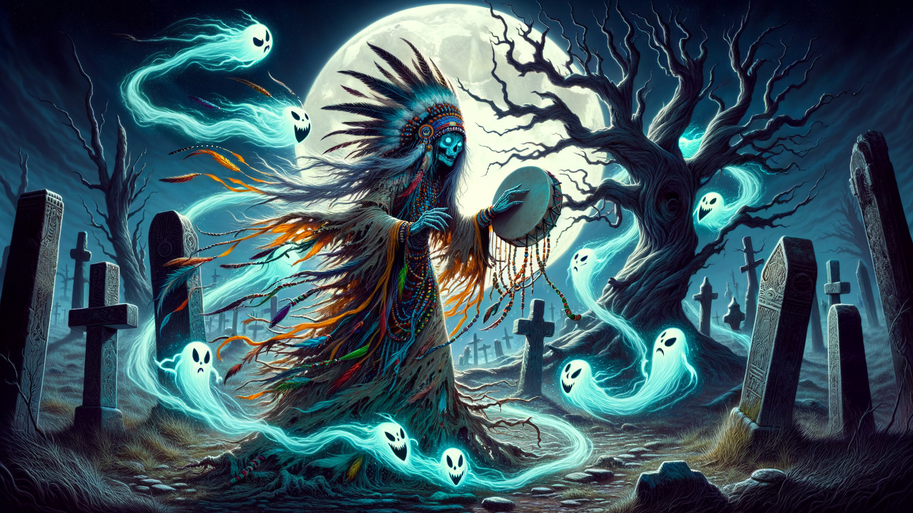 Mystical Shamanic Scene Under Full Moon with Spirits