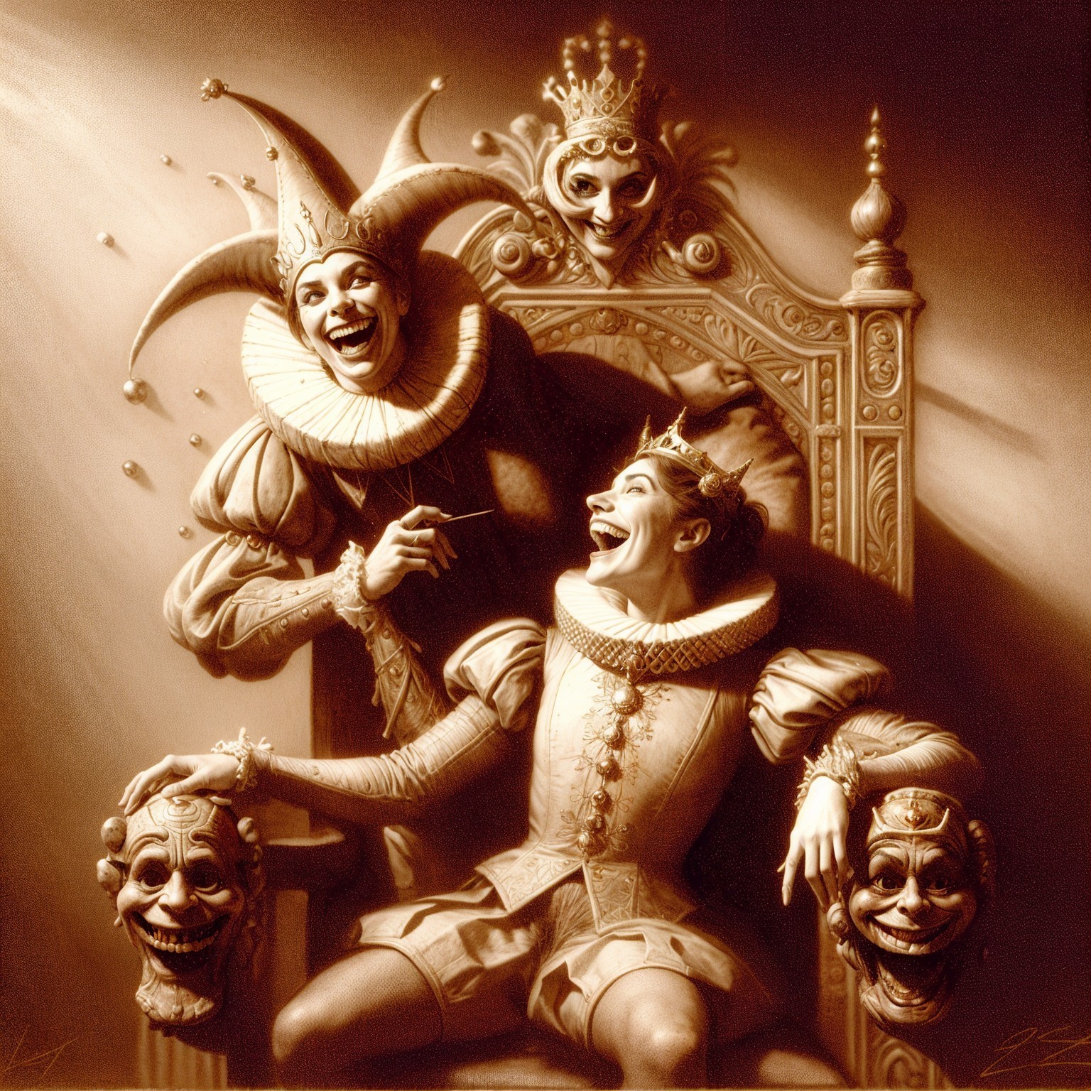 Whimsical Scene of Jesters and Ornate Throne