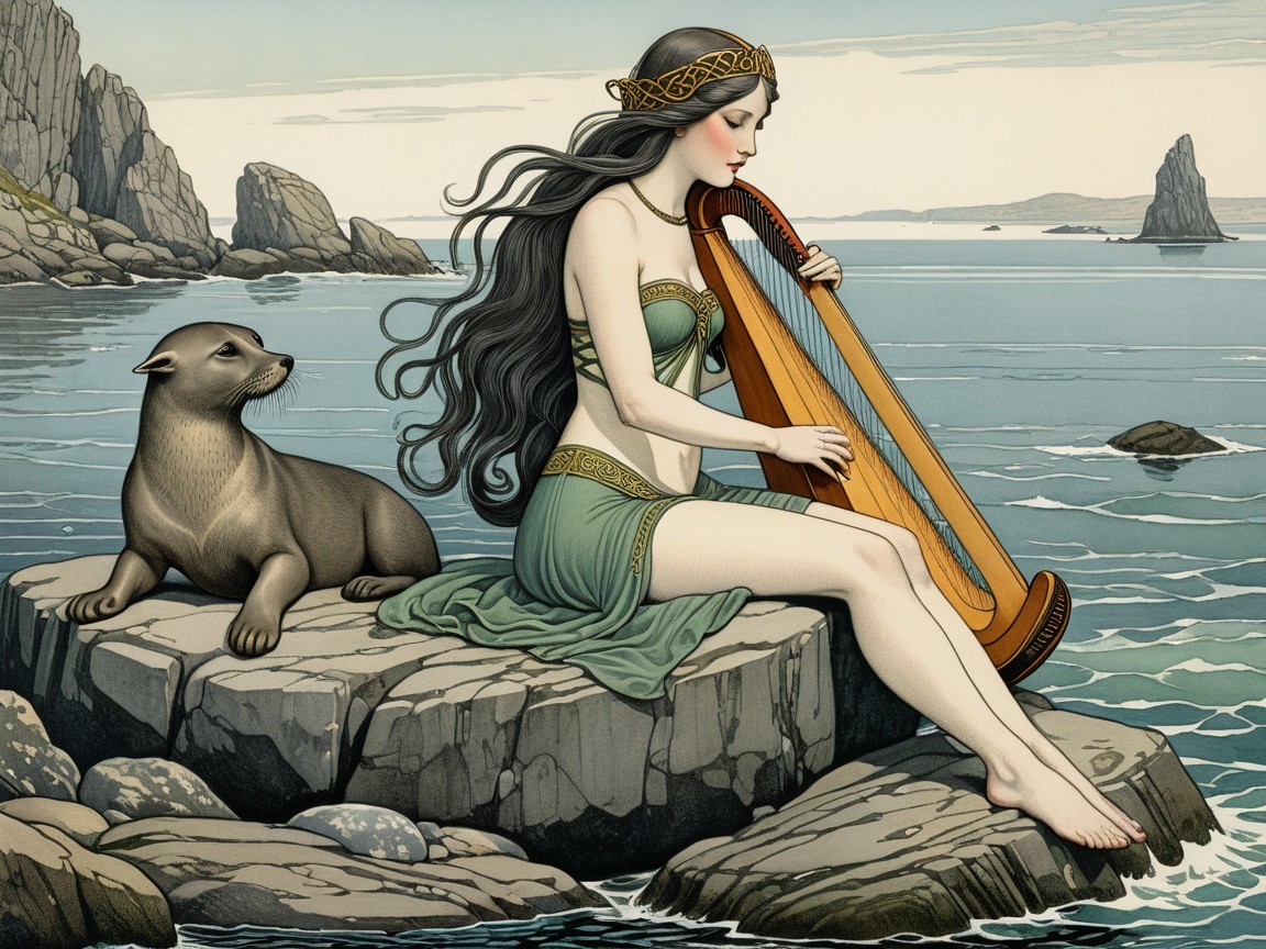 Serene Rocky Shore Scene with Harp and Sea Lion