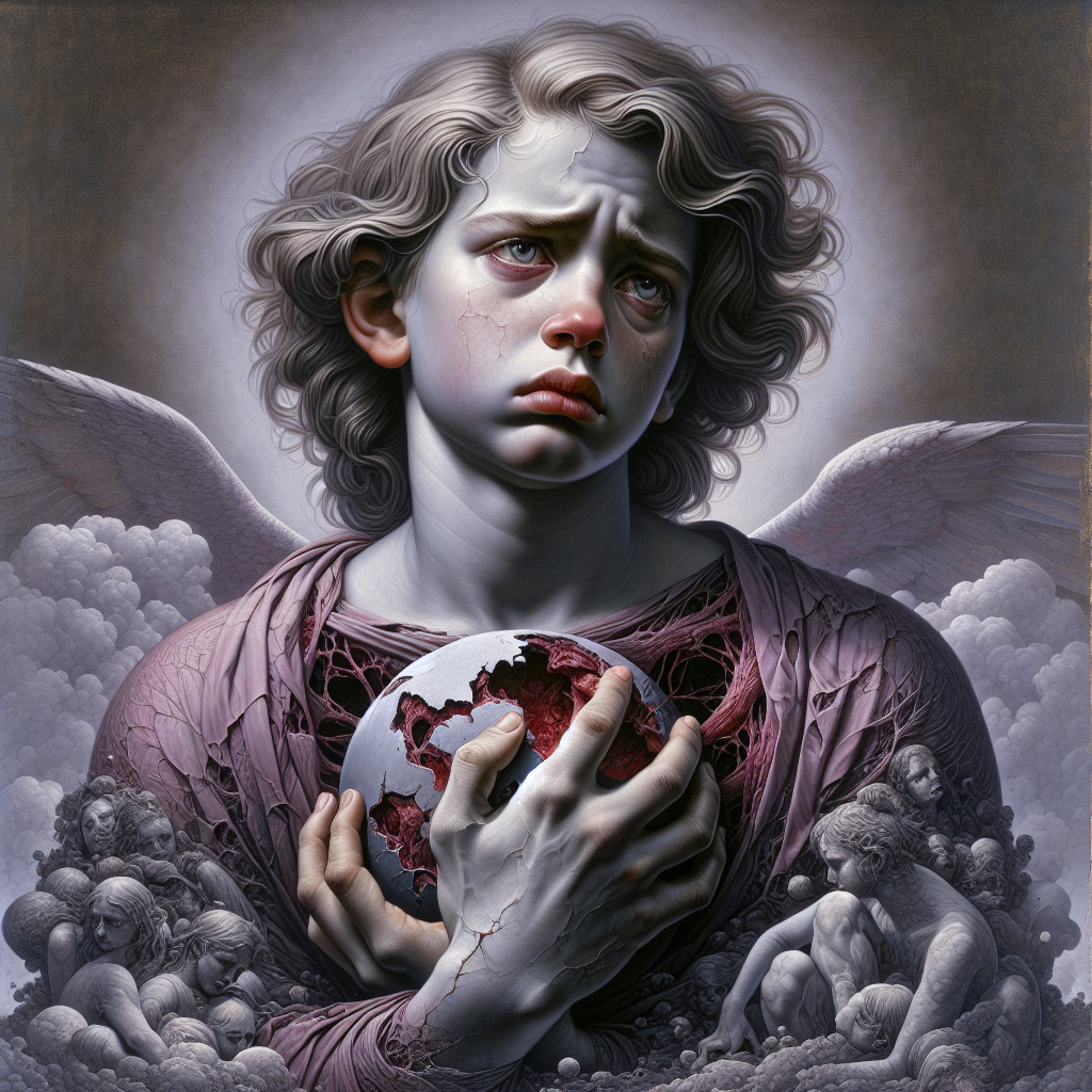 Sorrowful Angelic Figure Holding a Cracked Globe