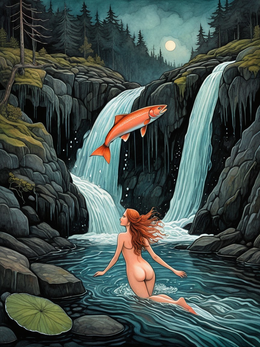 Woman with Red Hair in Tranquil Waterfall Scene