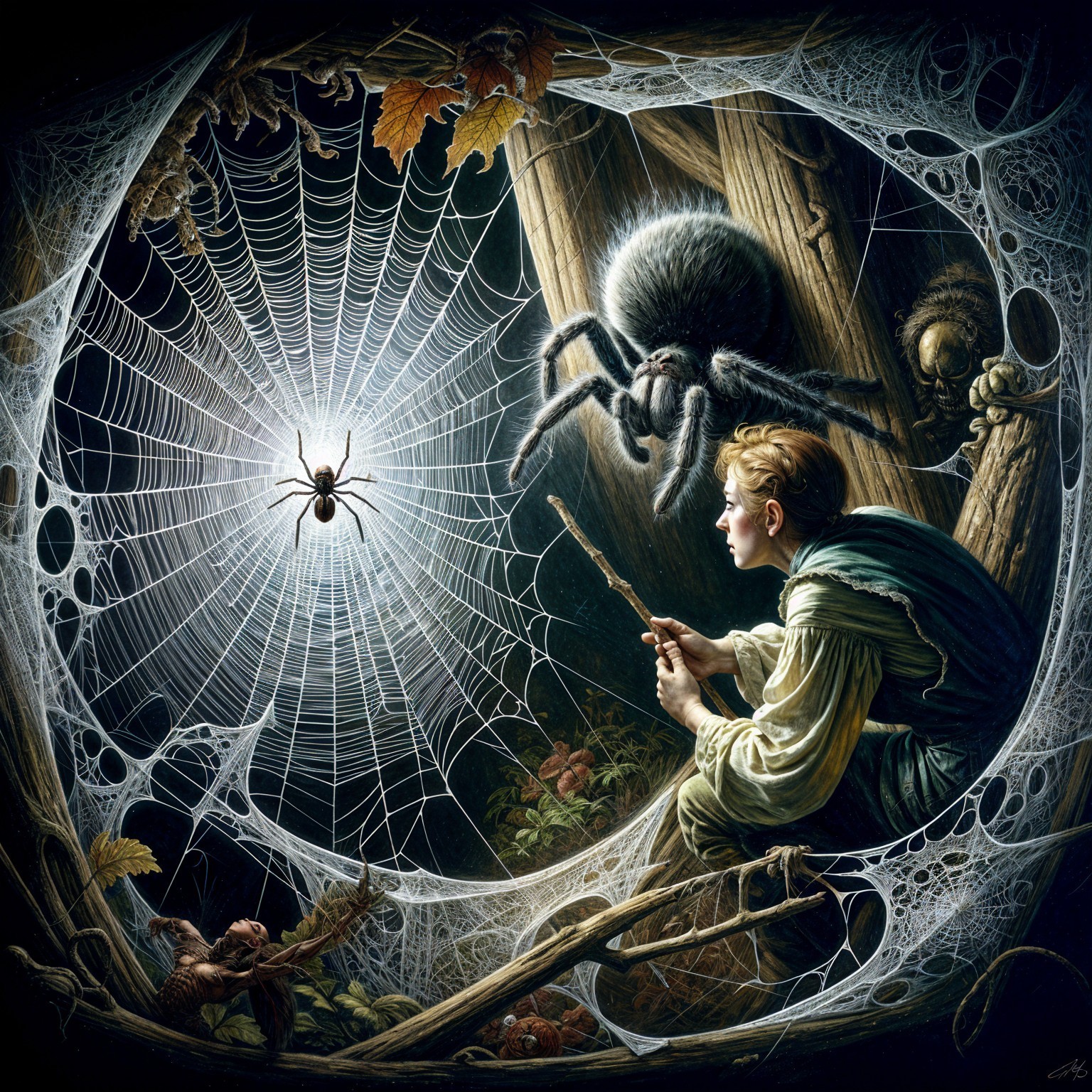 Mystical Forest Scene with Giant Spider and Web