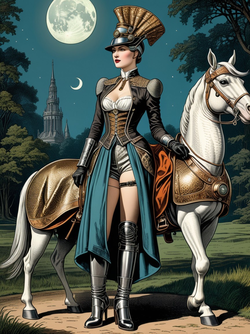Confident Figure with White Horse Under Moonlit Castle